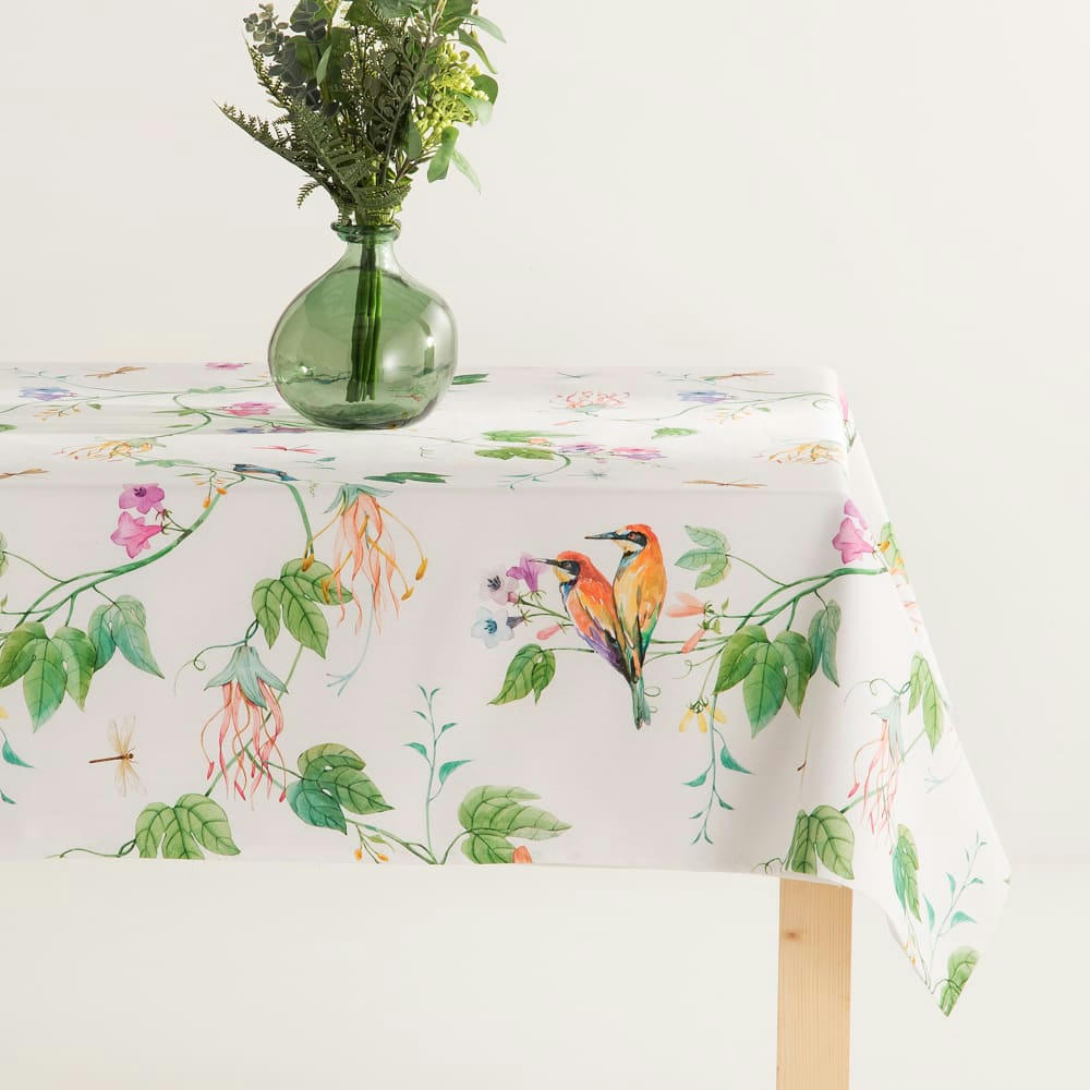 AMAZONAS BLANCO - Nappe imprimée blanc avec traitement anti-taches en coton 140x200 cm