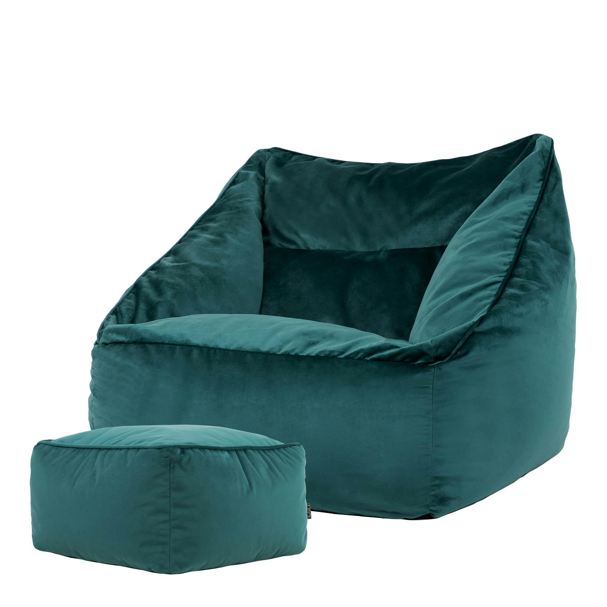 NATALIA - Pouf fauteuil avec repose-pied carré velours bleu canard
