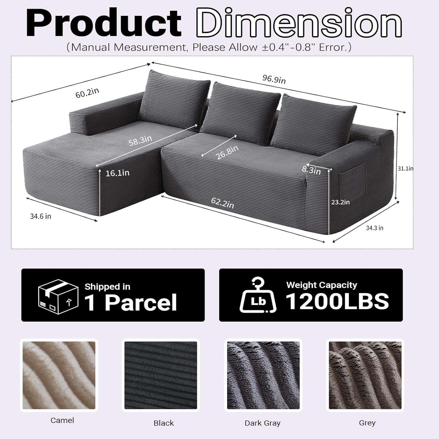 97 Cloud Sectional Couch, Modern Boneless Couch with L-Shape Chaise, Deep Seat Modular Sectional Sofa Corduroy Corner Foam Couches for Living Room,No Assembly Required(Dark Gray, Left Chaise