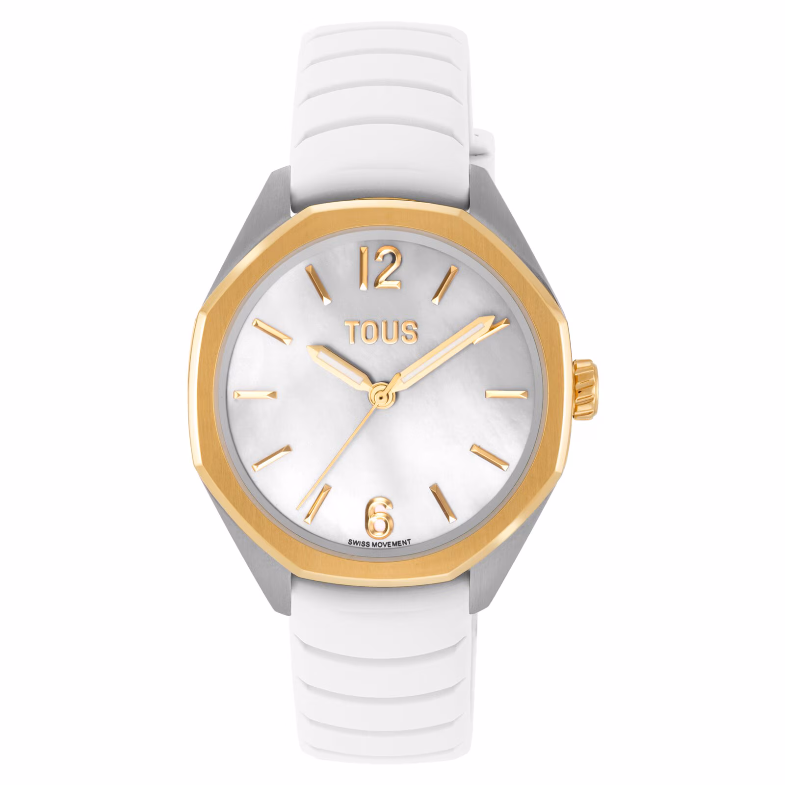 Reloj bicolor analógico con movimiento suizo, esfera de nácar y correa de caucho blanca TOUS Now Lady