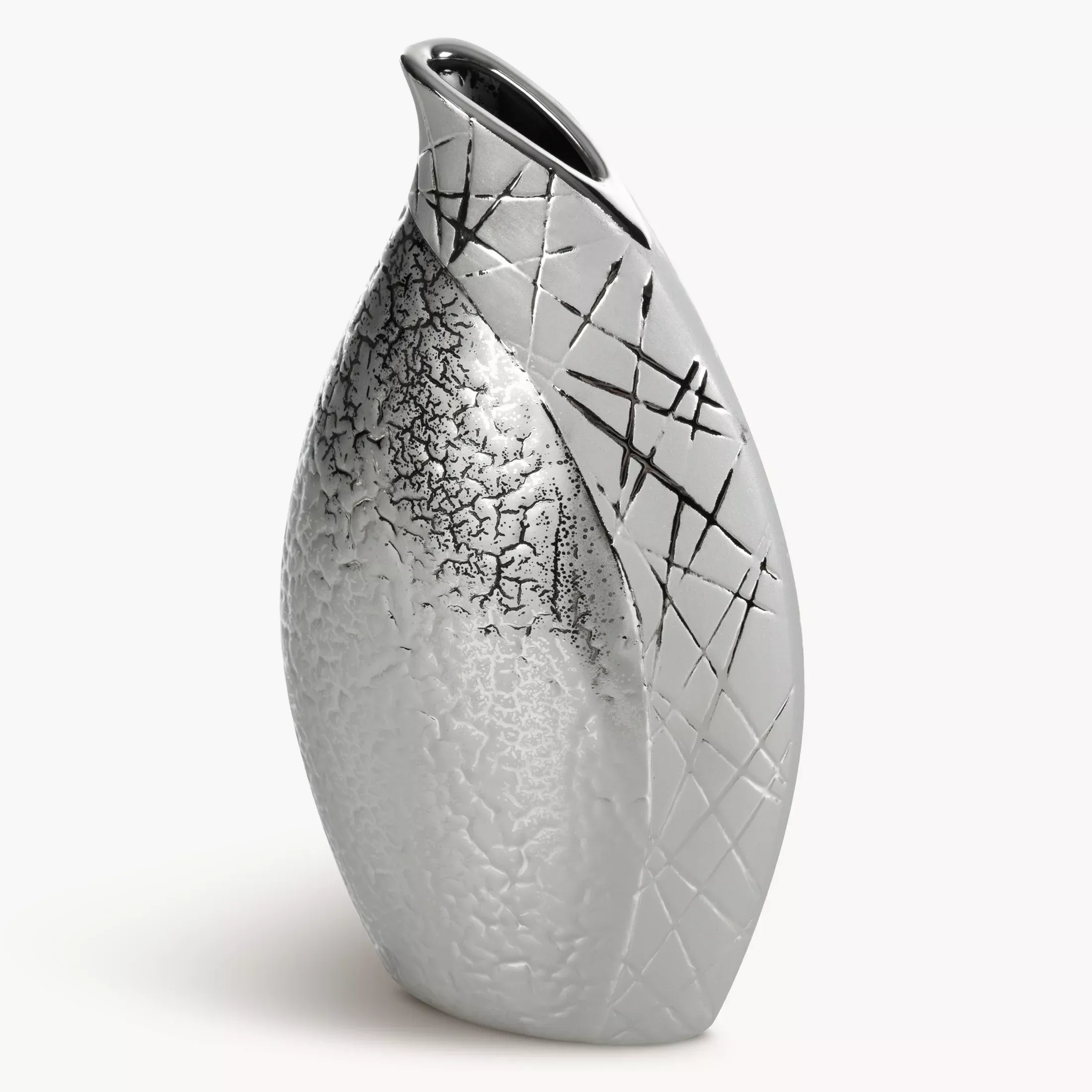 Wazon ceramiczny srebrny łączący strukturalną powierzchnie z lśniącym wzorem 15x8x26 cm ALIRA