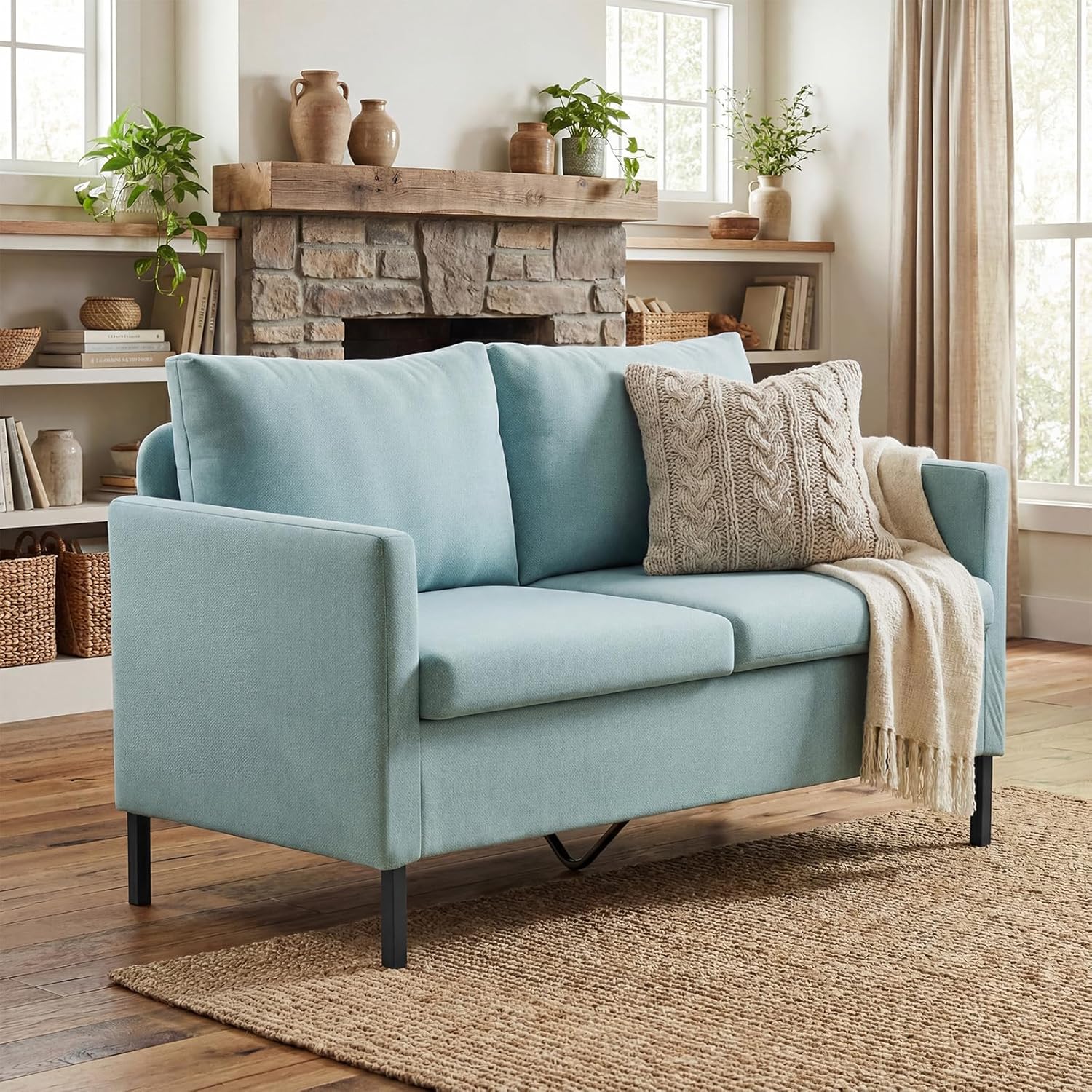 TYBOATLE 51 W Linen Fabric Upholstered Modern Loveseat Sofa Couch for Living Room, Love Seats 2-Seater Furniture w/Iron Legs for Compact Space, Apartment, Bedroom, Dorm, Office, Aqua Blue