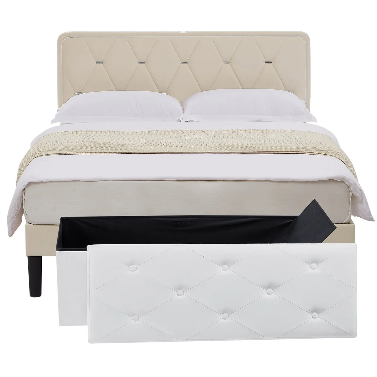2 Pieces Bedroom Set Bed Frame with Ottoman Storage, Upholstered Platform Bed Frame and Ottoman Set