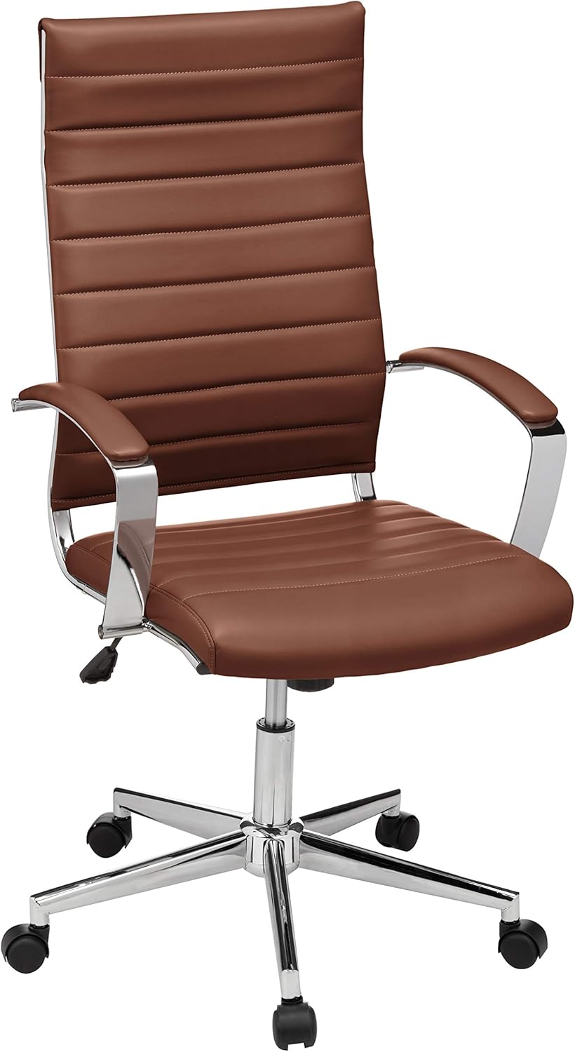 Amazon Basics High-Back Swivel Office Chair with Lumbar Support, Ergonomic Ribbed Faux Leather, Adjustable Height, 24.75D x 23.25W x 45.25H, Brick Red