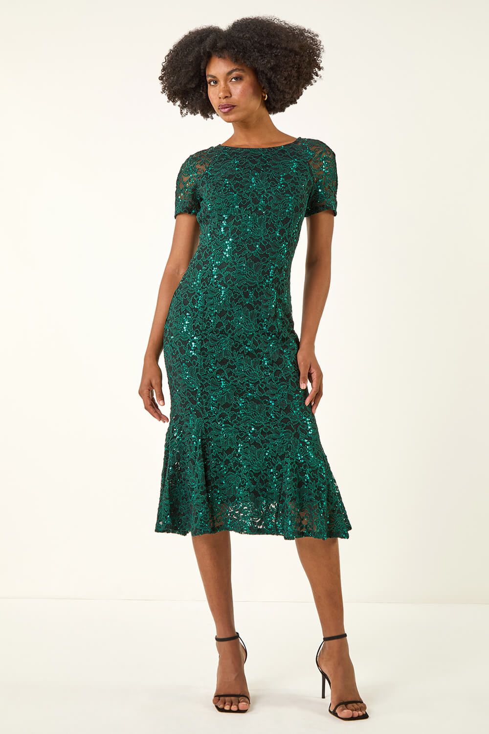 Roman Metallic Lace Sequin Midi Dress