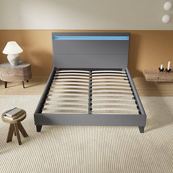 Lit 160x200 cm avec éclairage LED Simili Gris