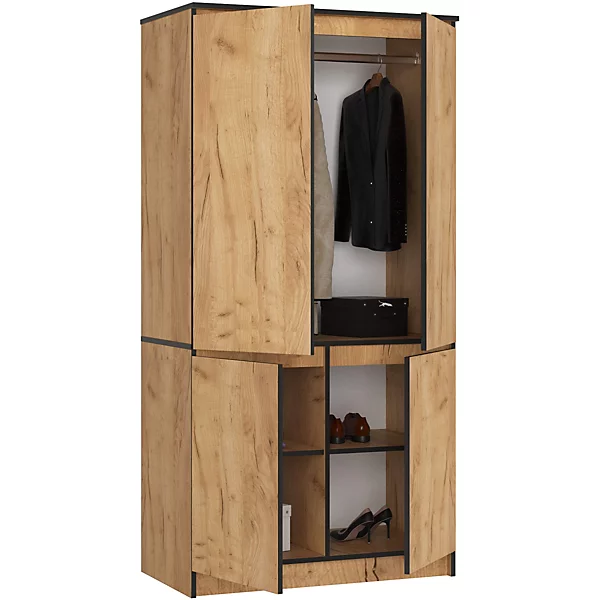Armoire : 4 portes, 4 étagères, chêne artisanal, 90 x 180 x 51 cm