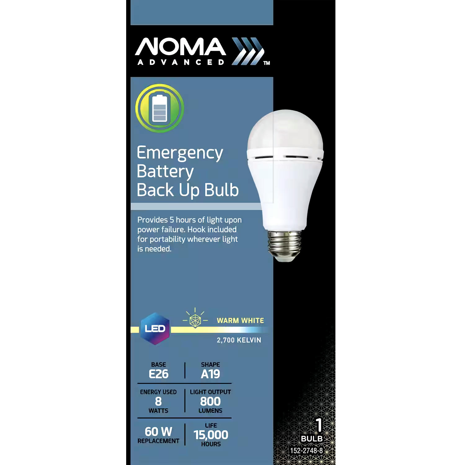NOMA Advanced A19 E26 Base Non-Dimmable Emergency Battery Back Up Light