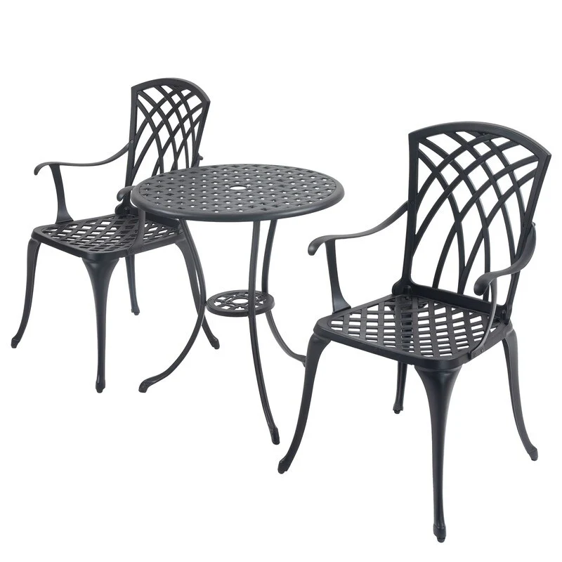 Black Outdoor Patio Furniture Set - Three-Piece Cast Aluminum Bistro Table With Umbrella Hole For Balcony Or Patio