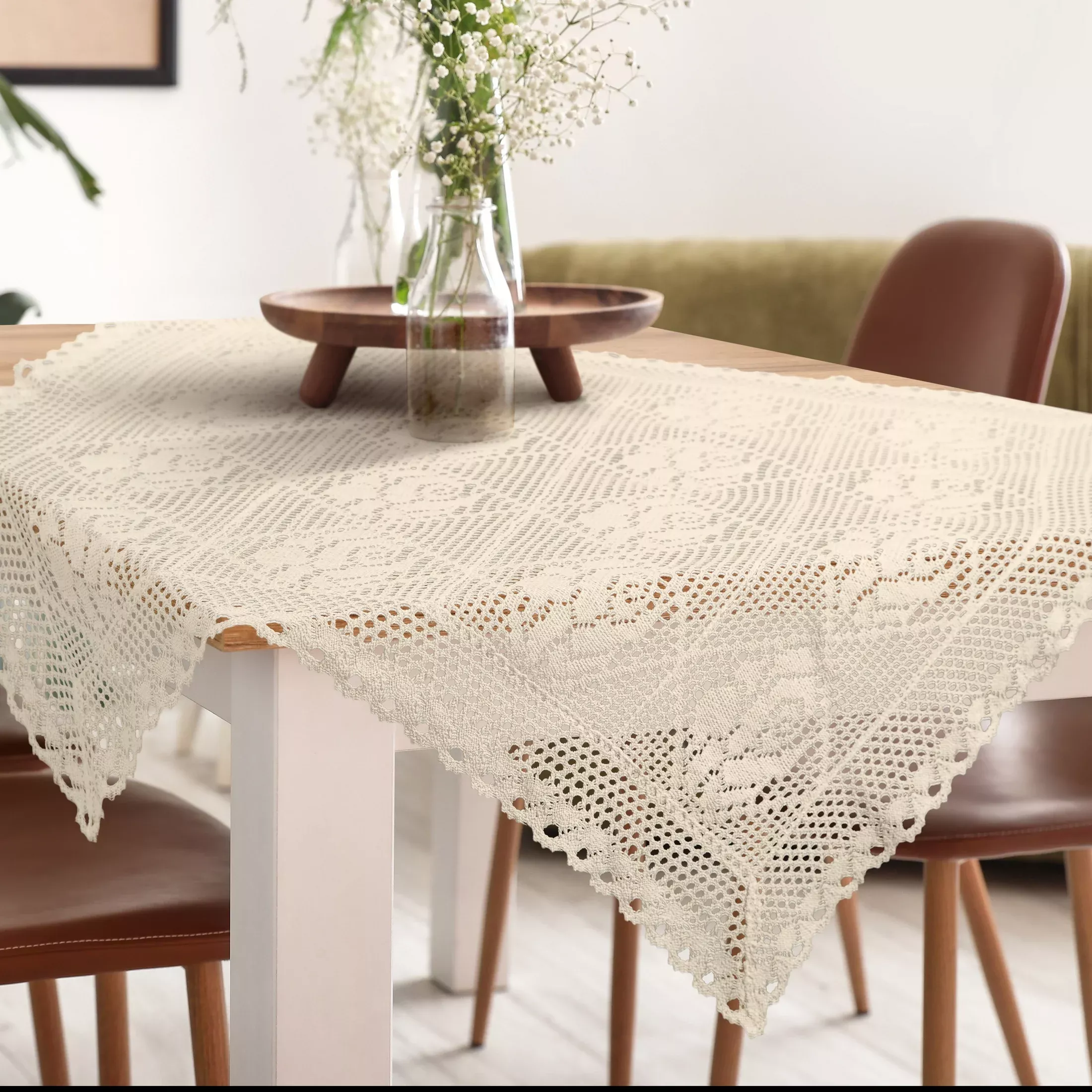Bieżnik na stół 85x85 cmjasnobeżowy ażurowy ROSALY w stylu boho