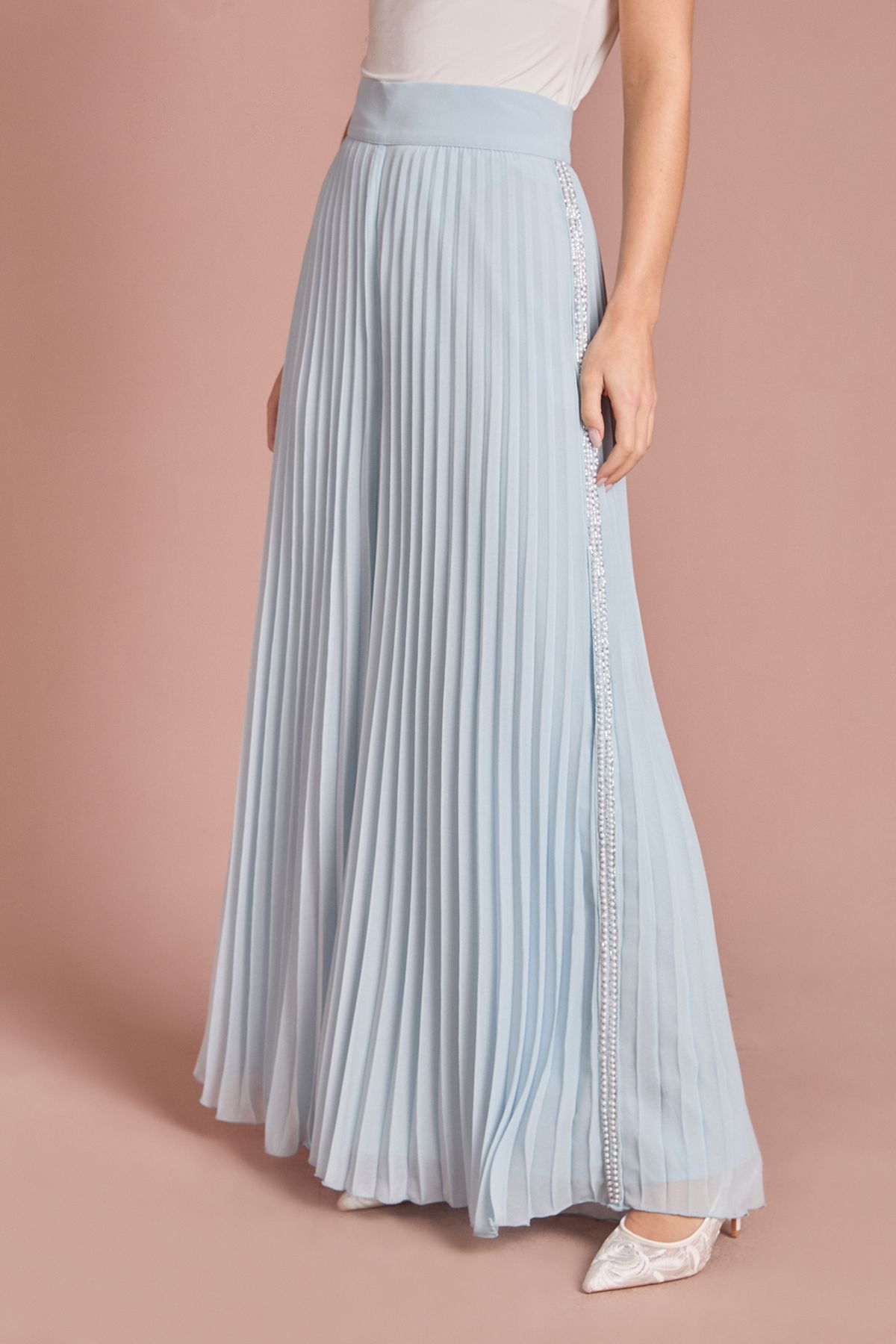 Coast Pearl Embellished Pleated Georgette Wide Leg Trouser