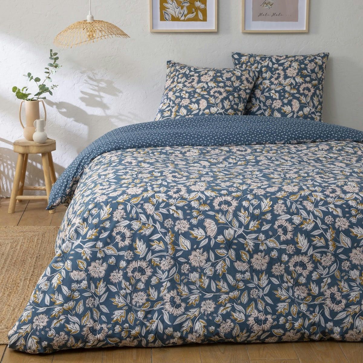 FRIDA - Parure de lit 2 personnes en percale 70 fils imprimé bleu 260x240cm