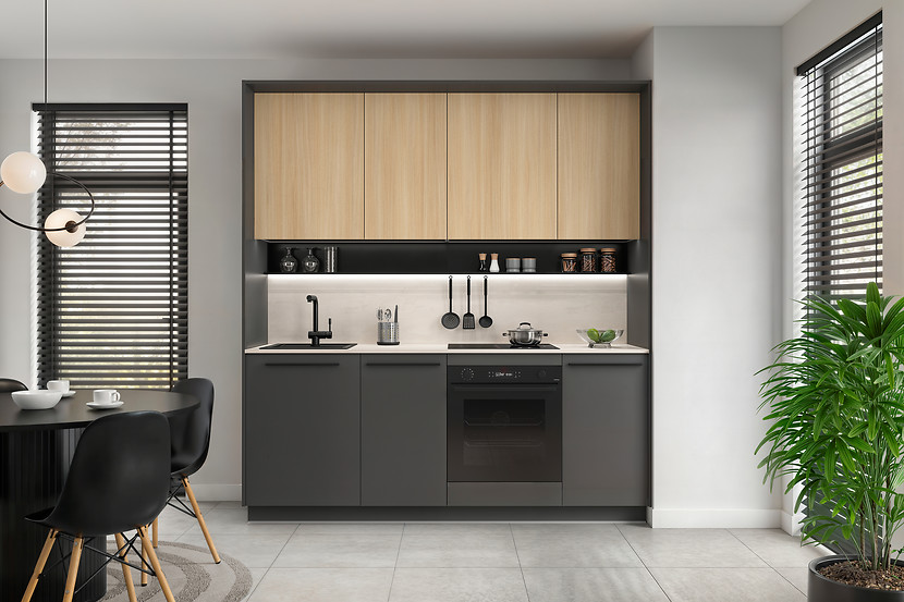 Komplet kuchenny Milino Small 210 cm z blatem antracyt/dąb barbera piaskowy/beton jasny