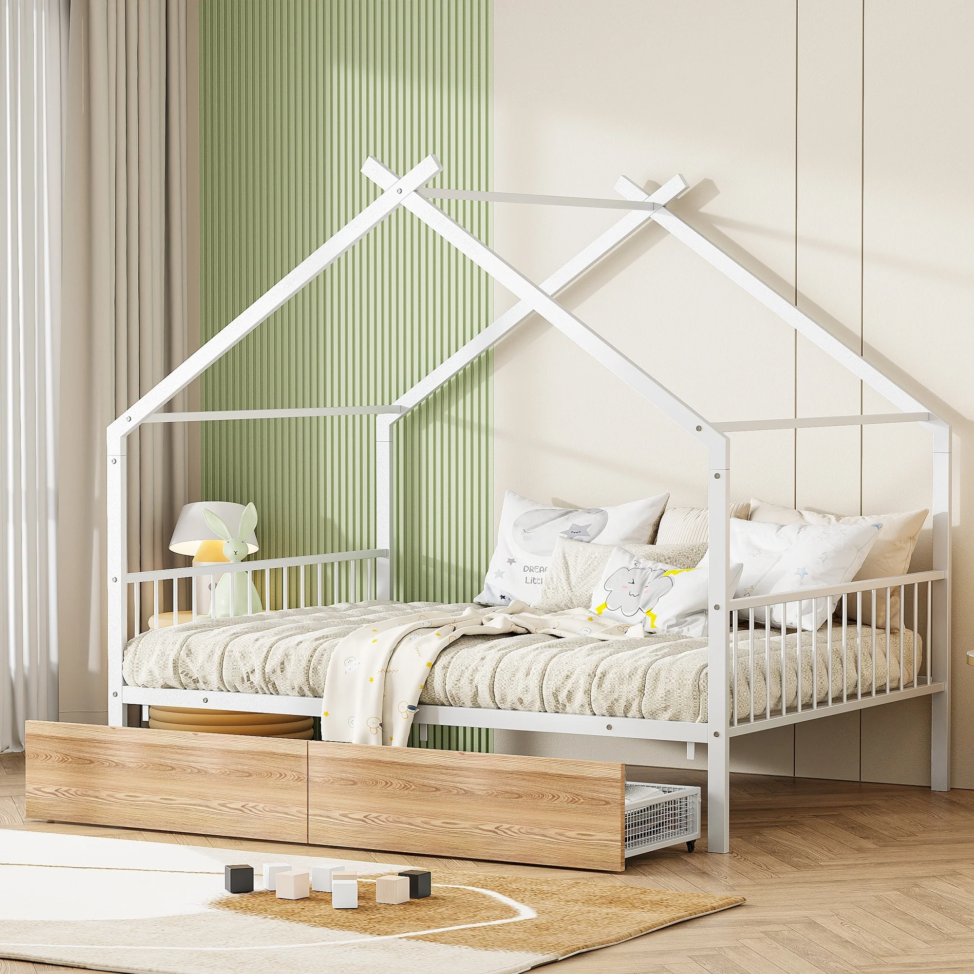 House-Shaped Full Metal Bed with Two Storage Drawers, Ideal for Kids' Rooms