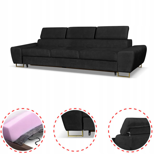 Sofa kanapa 3 os rozkładana z f. spania Bosso Family meble czarny welur