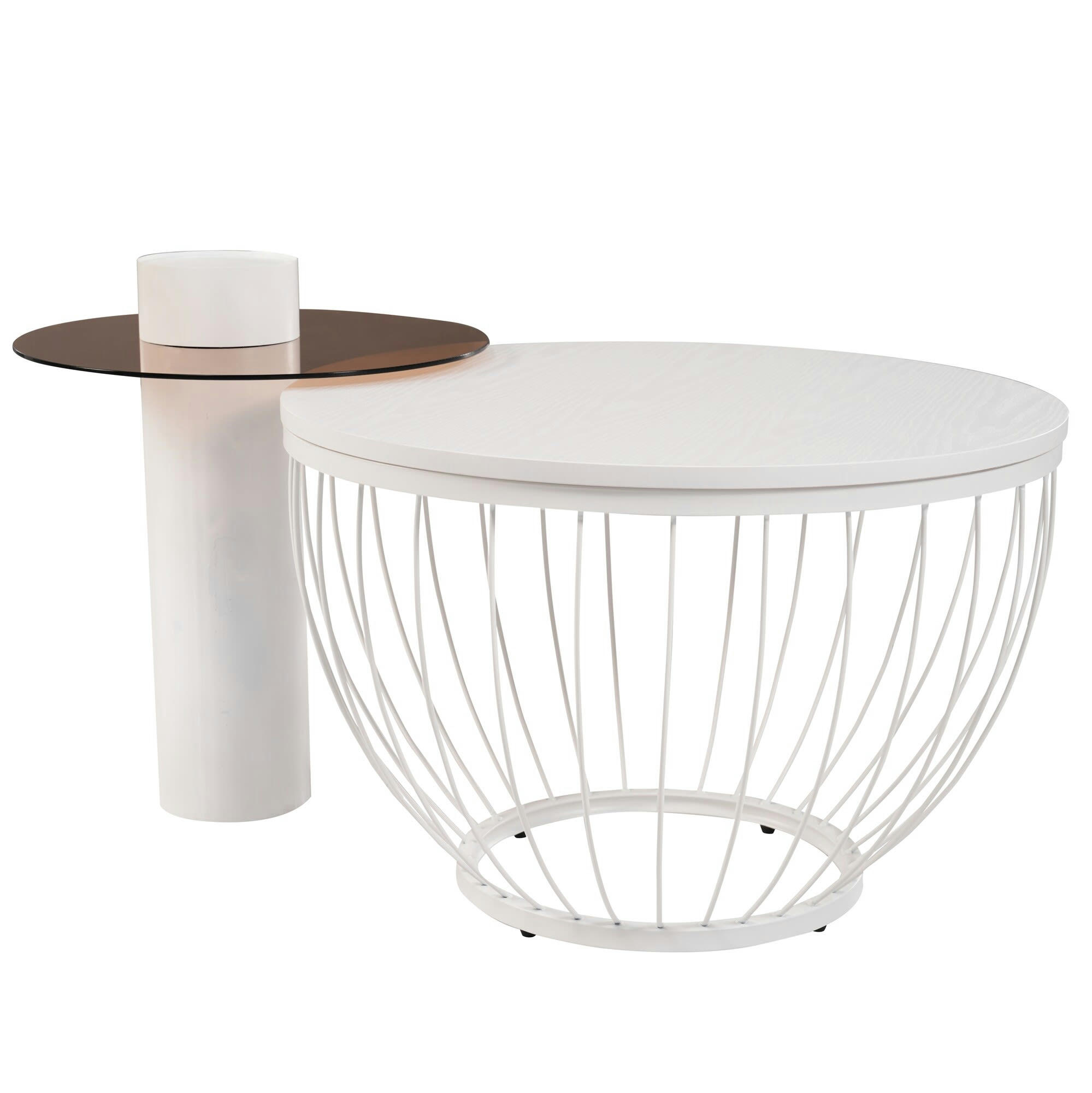- Lot de 2 tables basses gigognes effet bois blanc et verre marron MDF
