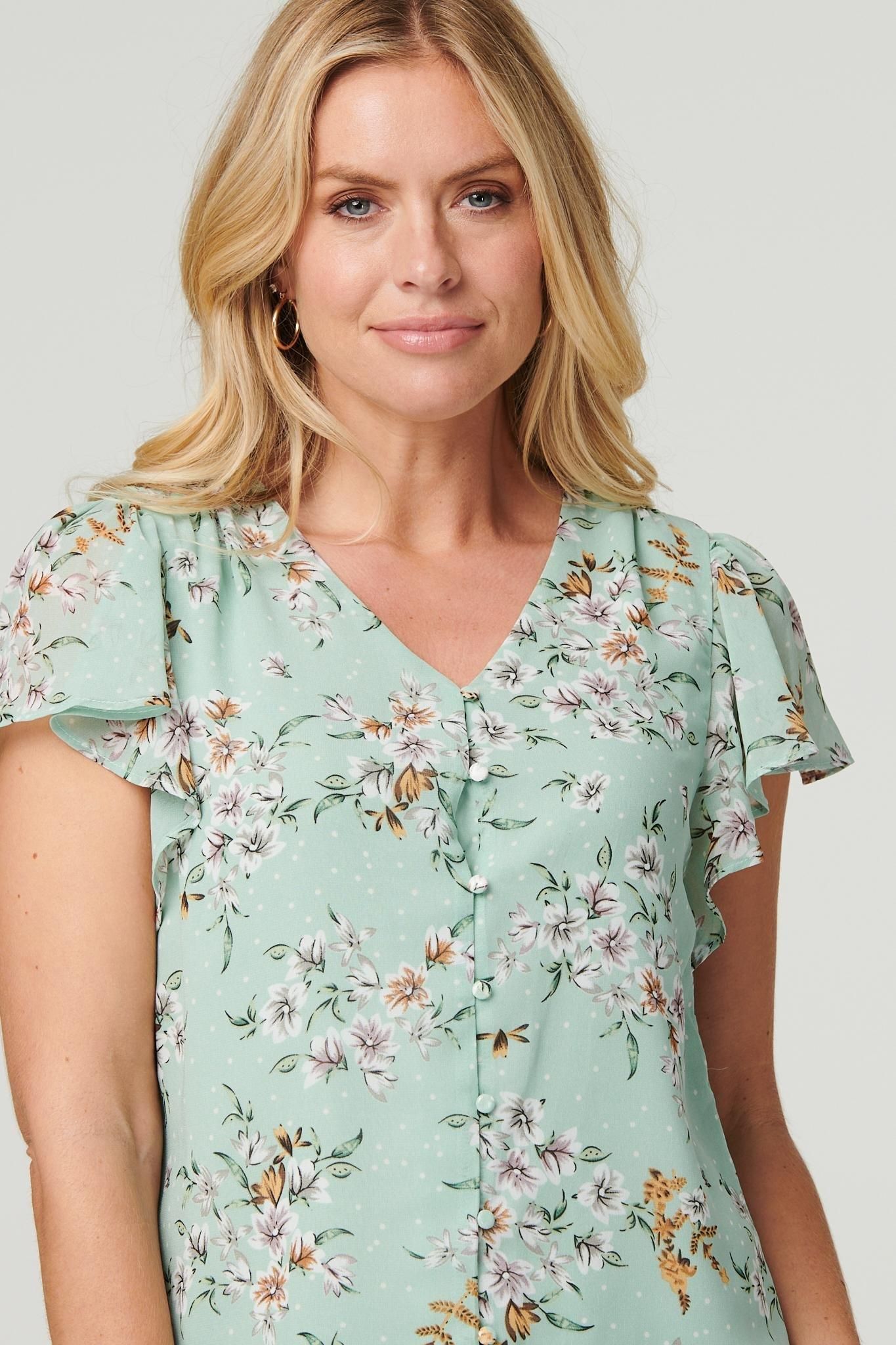 Izabel London Floral V-Neck Button Front Blouse