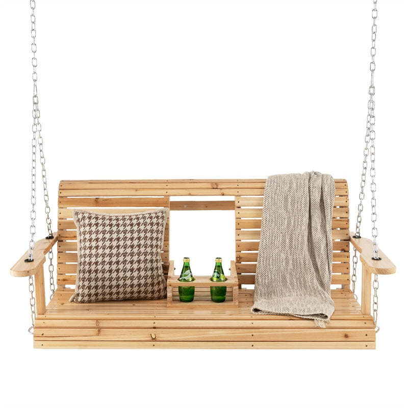 2-Seat Wooden Porch Swing Garden Hanging Swing Bench with Adjustable Chains, Folding Cup Holders, High Backrest & Armrests