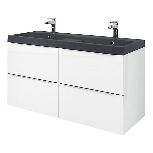 Meuble vasque suspendu blanc brillant l.120 cm Imandra   plan double vasque noir résine Mila, GoodHome