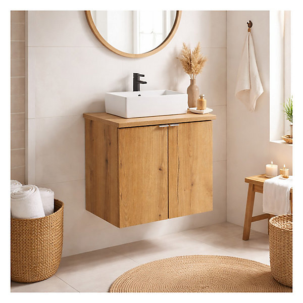 Ensemble de salle de bain suspendu VANO aspect chene 50cm : meubles sous vasque à placards et plan pour vasque
