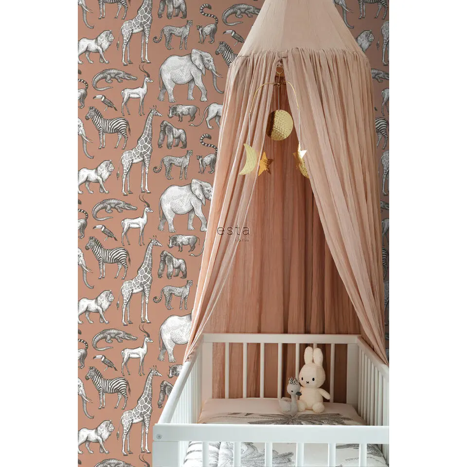 ESTAhome behang jungle dieren terracotta - 53 cm x 10.05 m