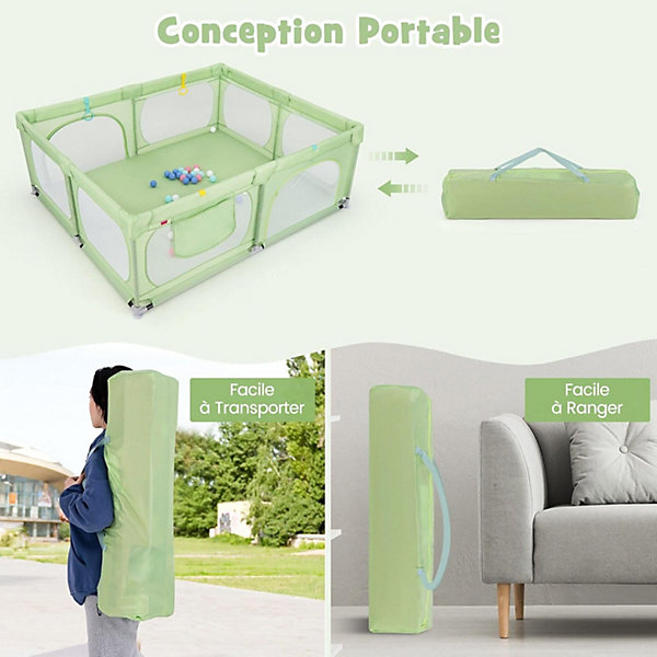 Grand Parc Bébé Centre Activités Base Antidérapante Paroi en Maille Respirante Portes Zippées 50 Balles Océaniques Vert