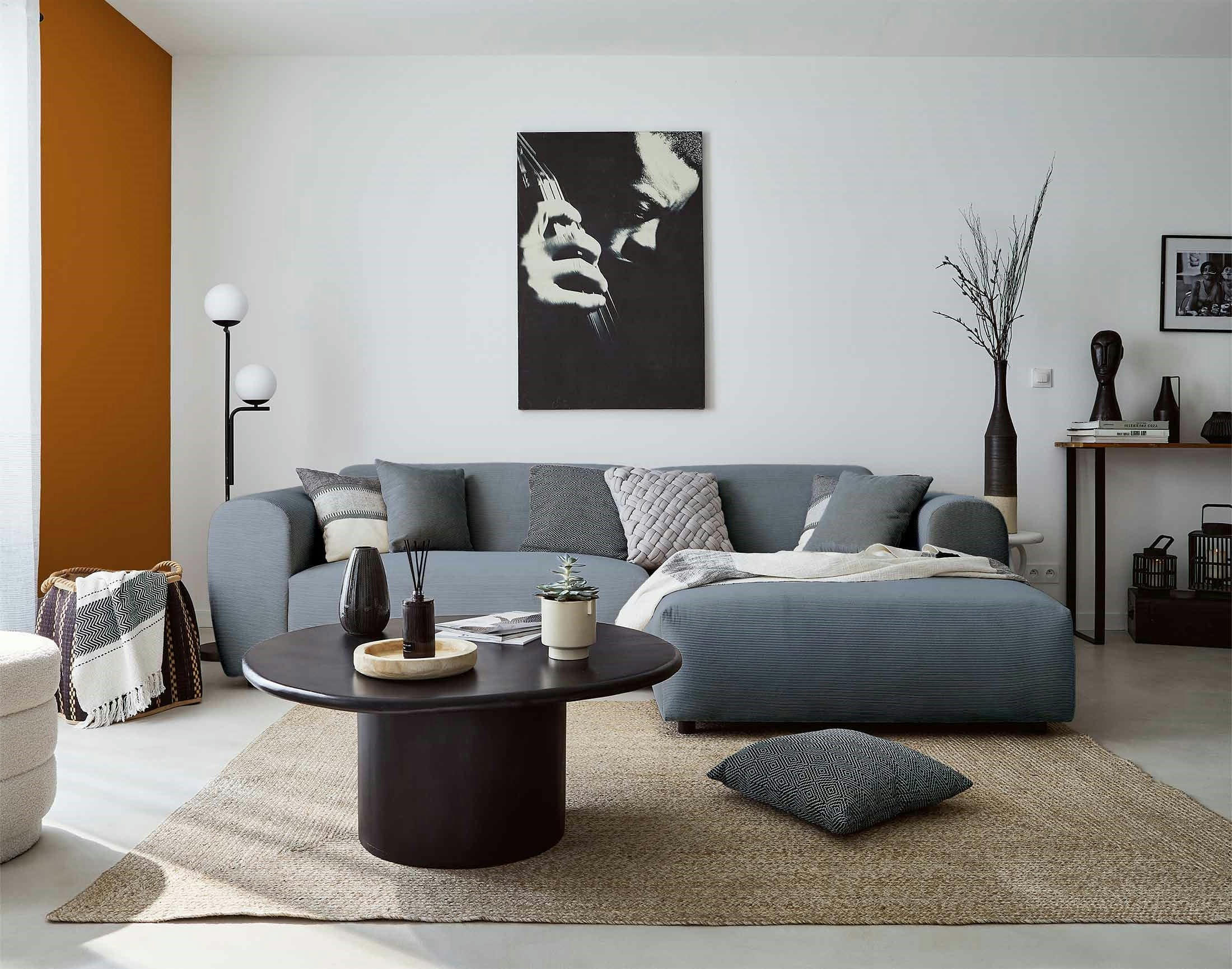 AUMANCE - Canapé d'angle droit 4 places en velours côtelé bleu grisé