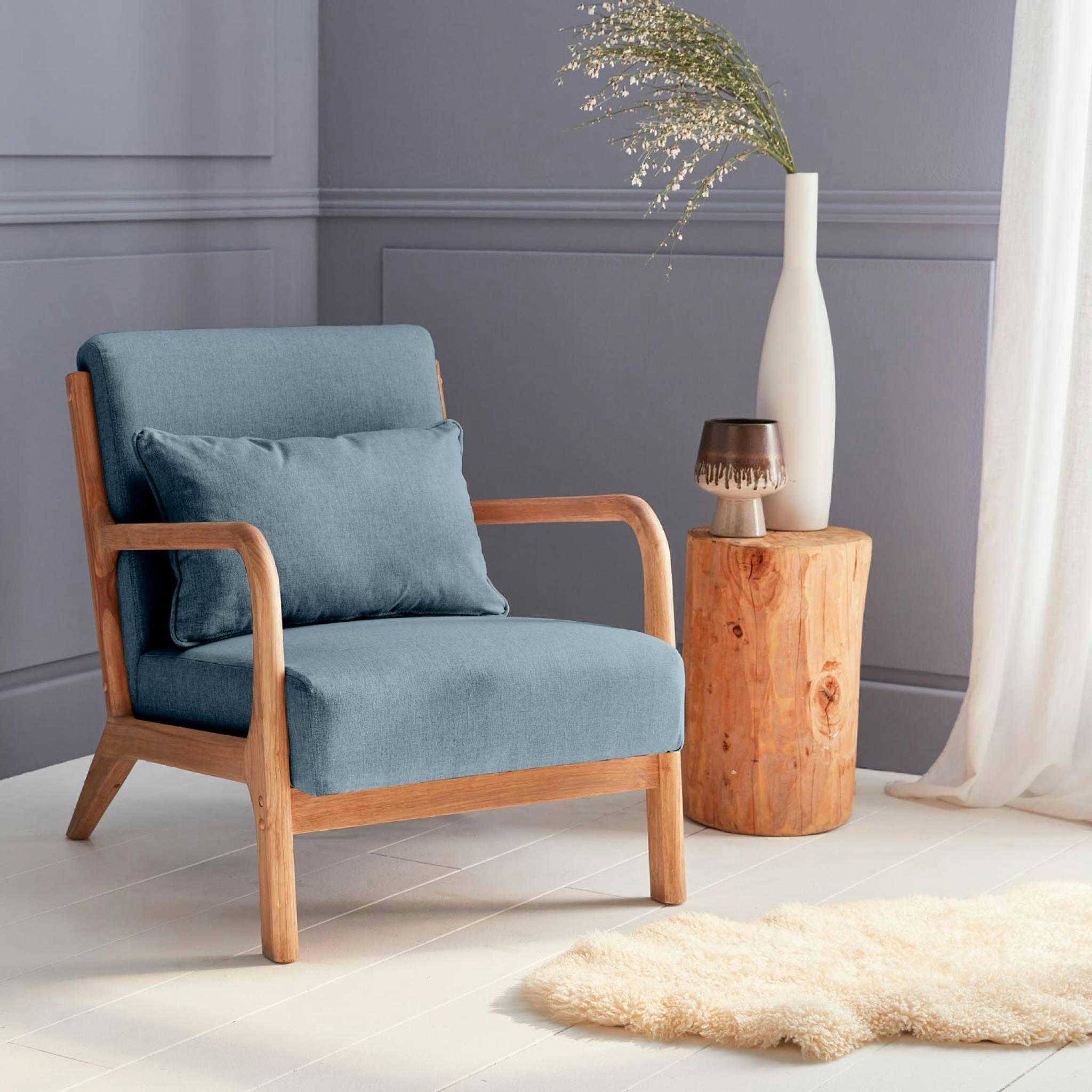 LORENS - Fauteuil en bois avec tissu bleu 65x 80x79cm
