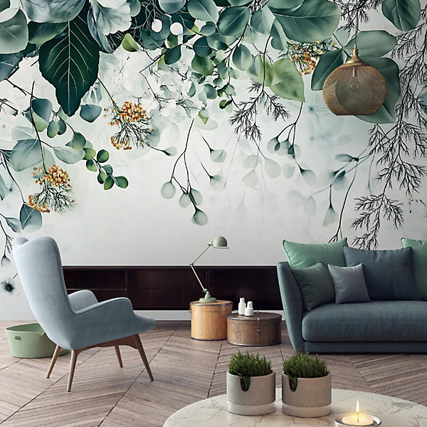 Papier Peint Panoramique Intissé Nature Vert Feuilles 250x175 cm - Colle Inclus - Moderne XXL Papier Peint por Chambre Salon