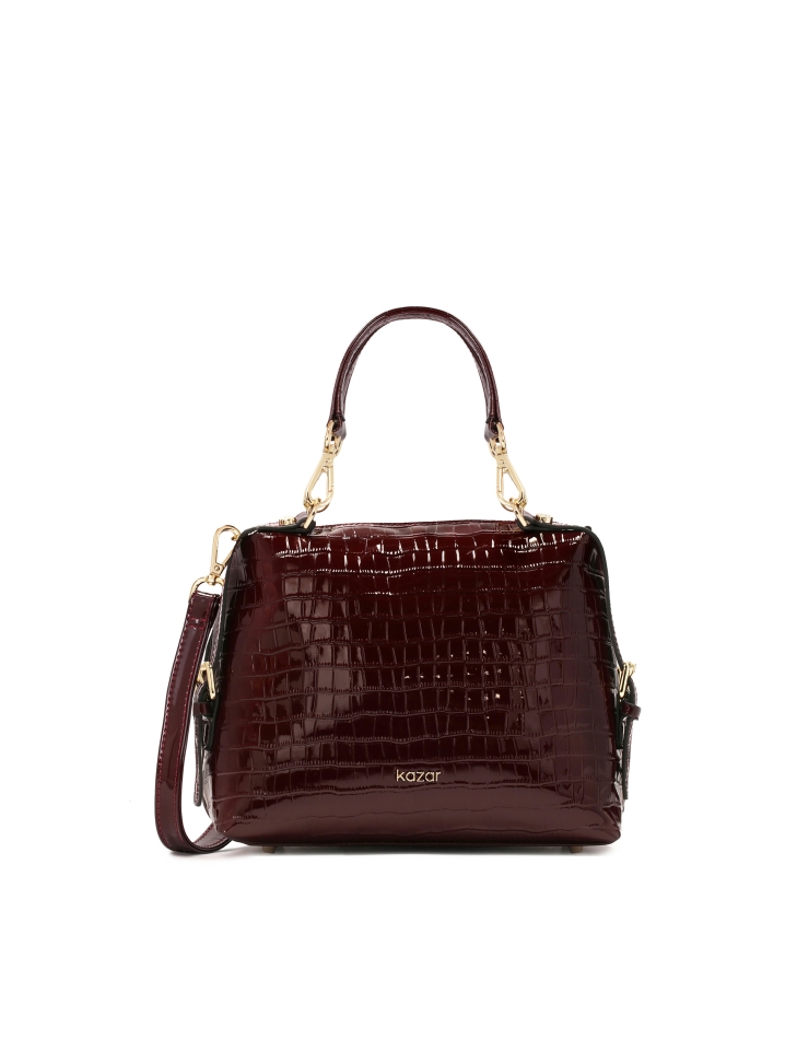 Maroon embossed patent leather handbag
