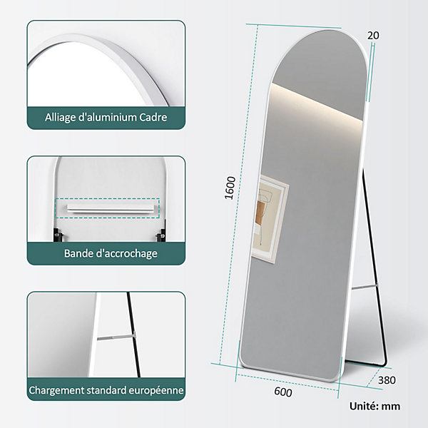 EMKE Grand miroir intégral avec cadre en aluminium blanc, 160 x 60 cm, sur pied ou mural