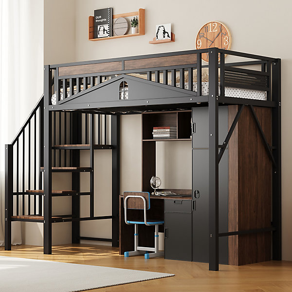 Lit Mezzanine 90x200 cm - Lit Simple avec Barrières de Sécurité et échelle, Sans Matelas - Métal et Bois Noir