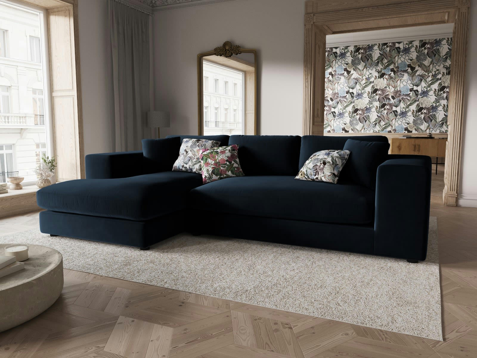 TENDANCE - Canapé D'Angle Gauche 5 places en Velours Bleu Foncé