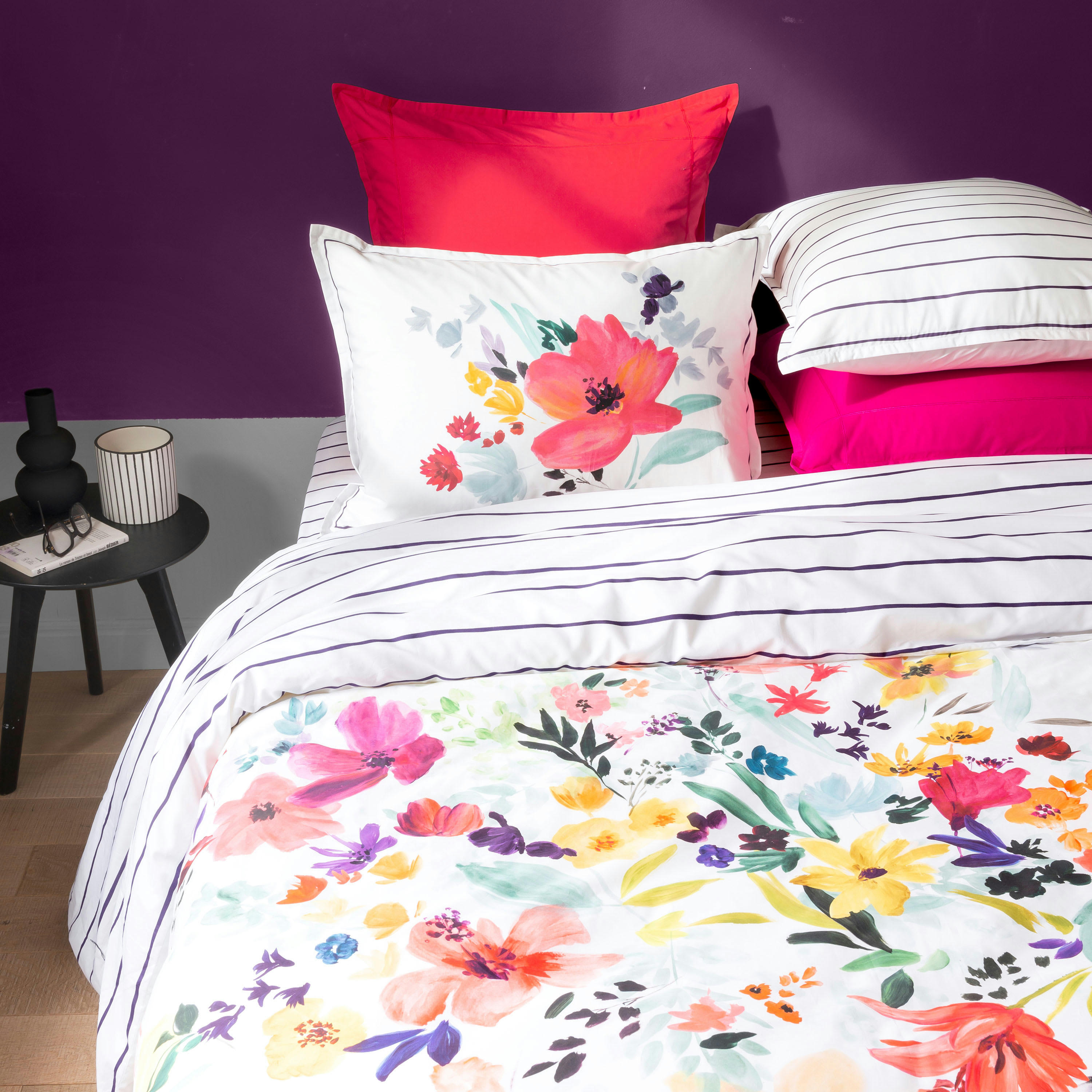 ODE - Housse de couette percale de coton e fleurs  blanc 200x200