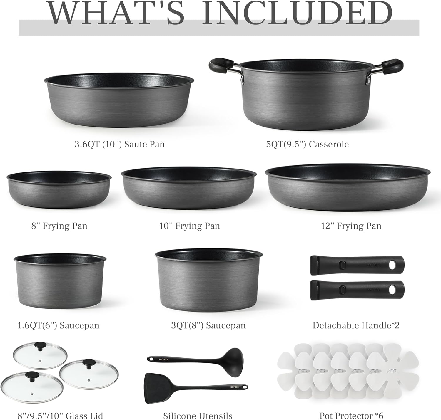 CAROTE 20pcs 4-Ply Premium Hard Anodized Pots and Pans Set Non Stick with Detachable Handle, Dishwasher/Oven Safe, RV Kitchen Cookware Set Nonstick, Induction Cookware, Large Capacity Pans and Pot Set