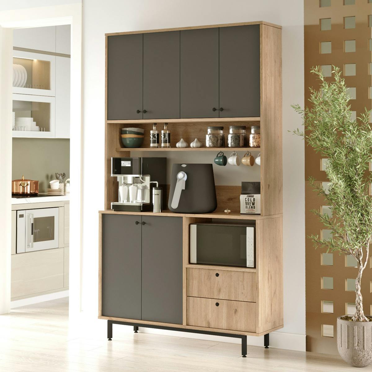 Buffet cuisine niche micro-ondes décor gris H 205 cm JENA