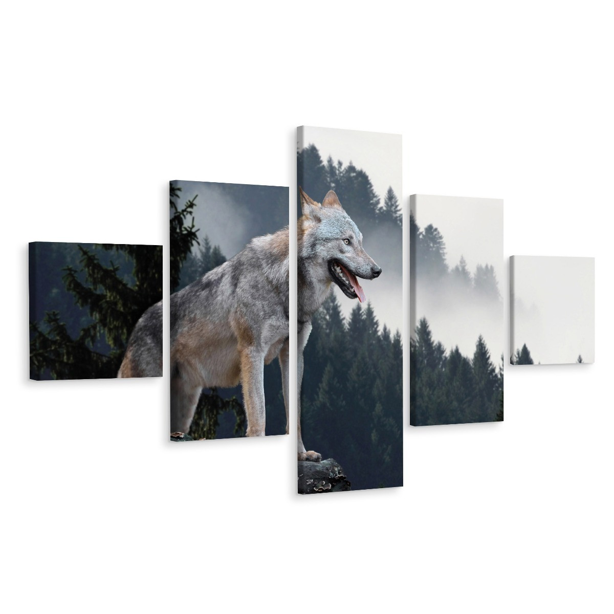 Obraz 5-Częściowy WILK Las we Mgle Natura 150x90cm