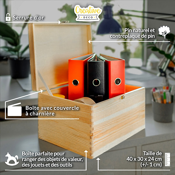 Creative Deco Boite de Rangement en Bois avec Fermoir - 40 x 30 x 24 cm ( /- 1 cm) - Non Peint et Brut - Coffre de Rangement