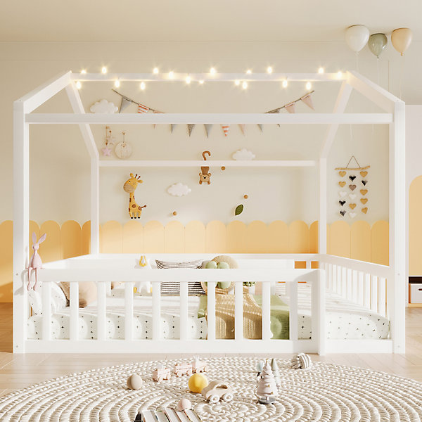 Lit Enfant 90/180x190 cm - Lit Cabane avec Garde-Corps et éclairage LED - Sans Matelas - Pin Blanc