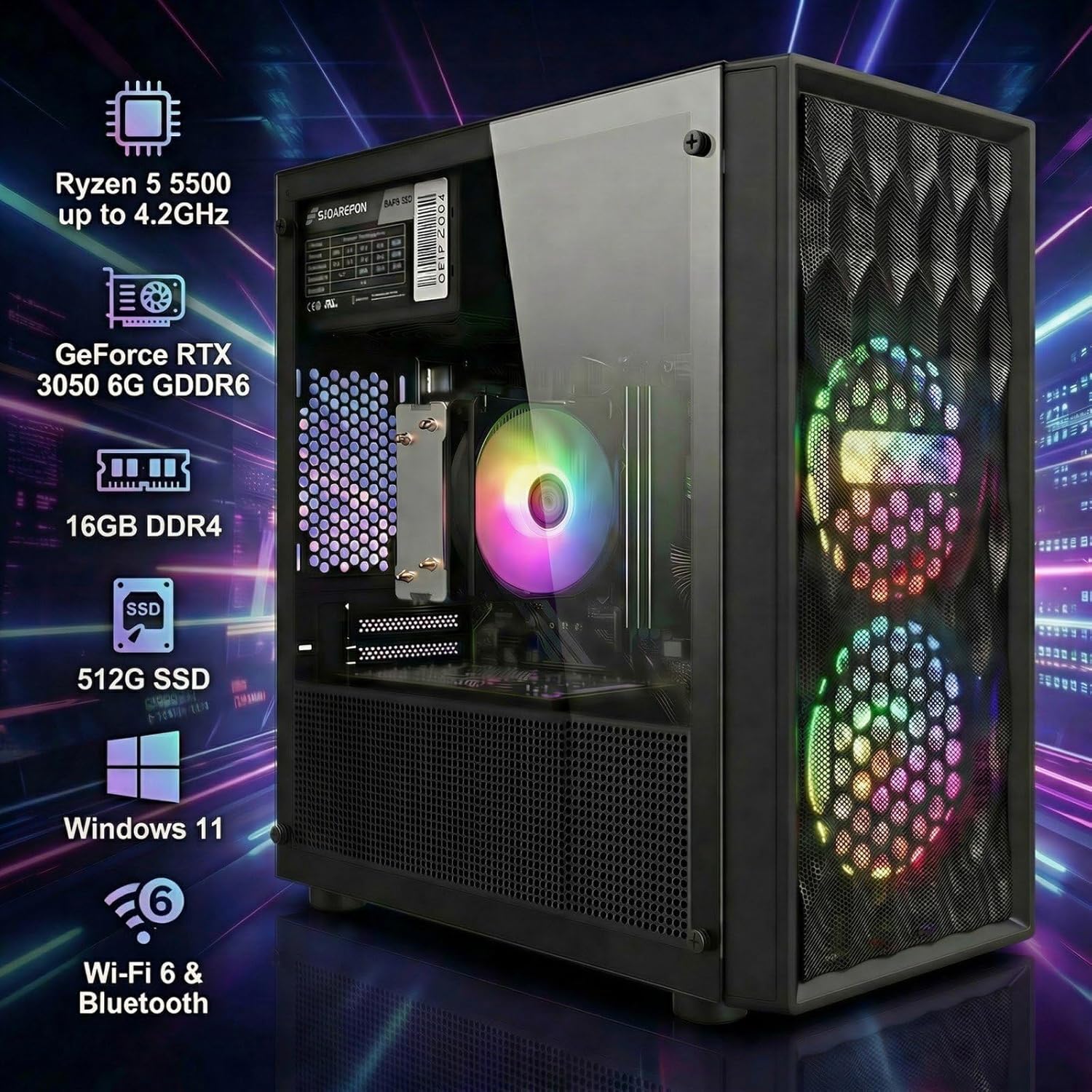 STGAubron Gaming PC Computer Desktop  AMD Ryzen 5 5500 up to 4.2GHz  GeForce RTX 3050 6G  16G DDR4  512G SSD  WiFi 6 5G & BT 5.2  RGB Fan x2  Windows 11 Home