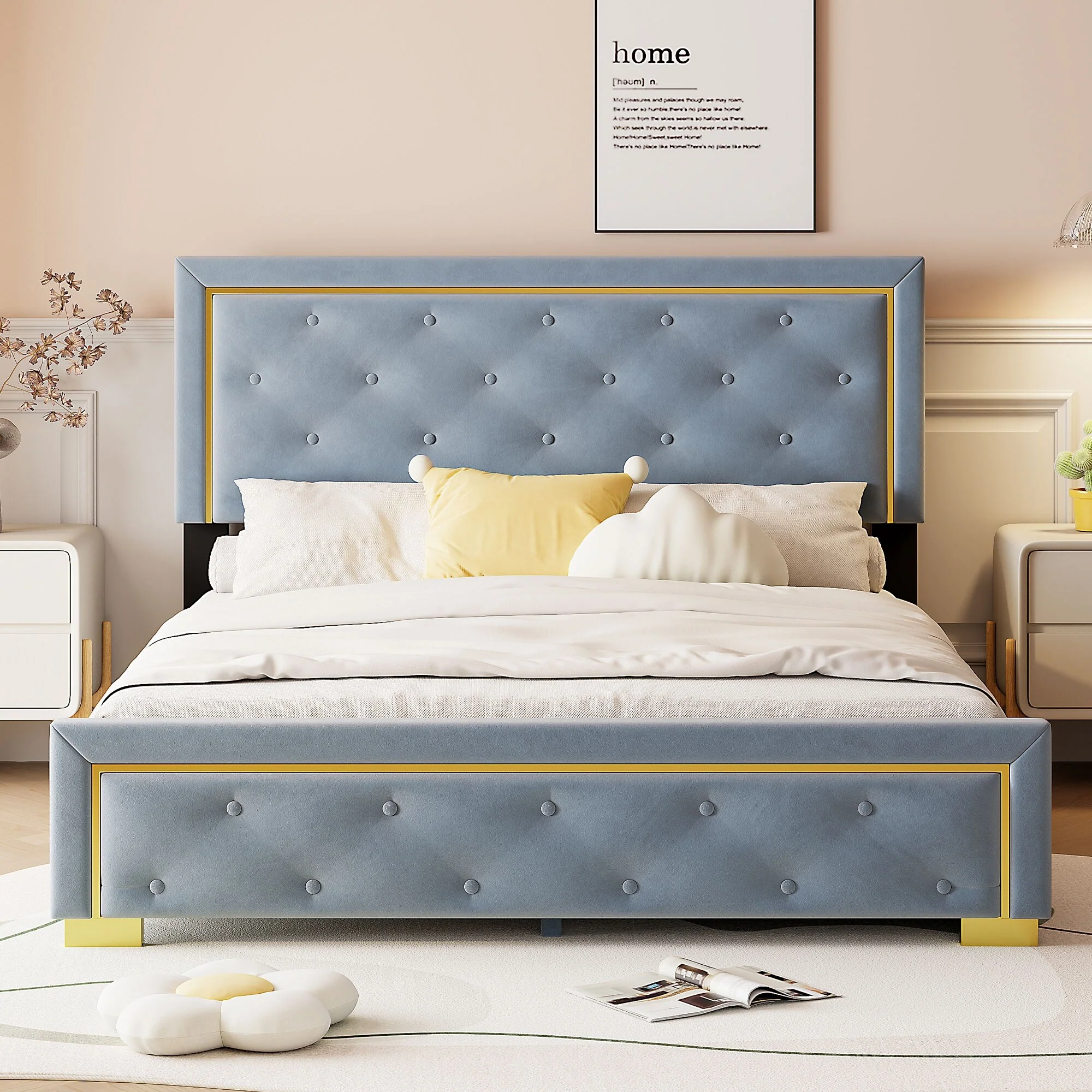 Queen Size Upholstered Platform Bed with Tufted Padded Headboard, Metal Wire Frame Accents, Sturdy Metal Legs