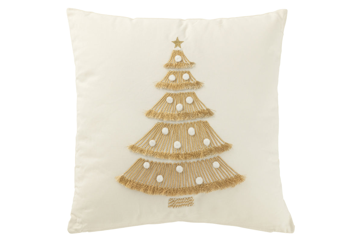J-Line kussen Kerstboom Franjes   Pompoms - katoen - wit/goud
