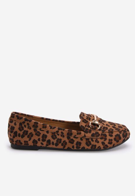 Womens Brown Leopard Print Faux Suede Loafers