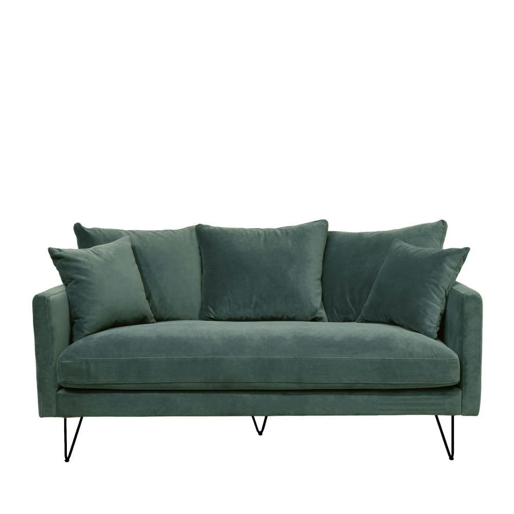 VILLABON - Canapé 3 places en velours pieds épingles noirs vert eucalyptus