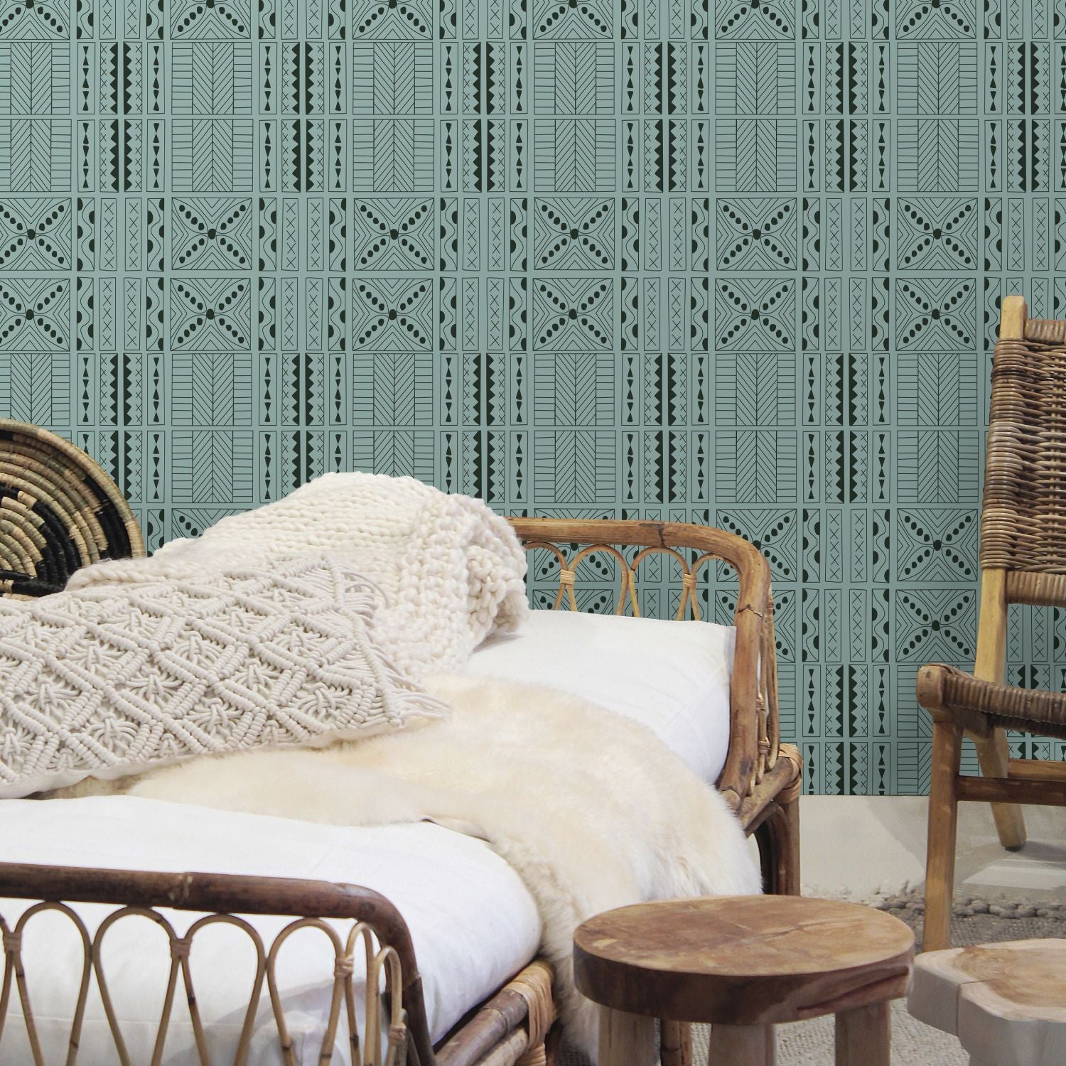 Walls4You behang etnisch motief turquoise en zwart - 53 cm x 10 m - 640142