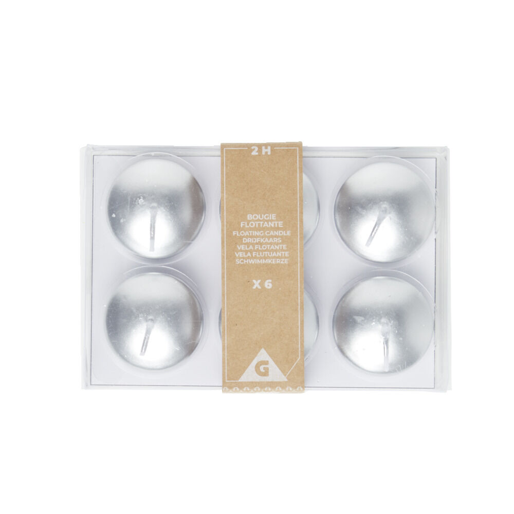 Lot de 6 bougies flottantes cire argentée Ø4,5cm