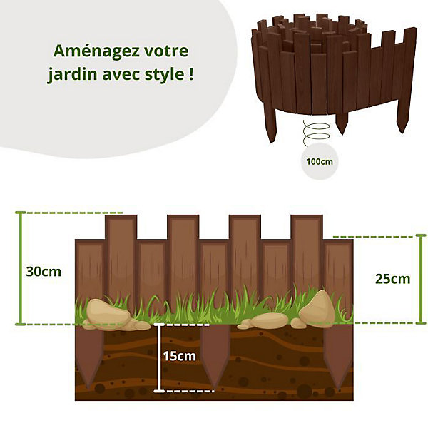 Bordure de jardin - FLORA4 - 100 cm x 30 cm - Bois de pin - Marron - Design en dents de scie
