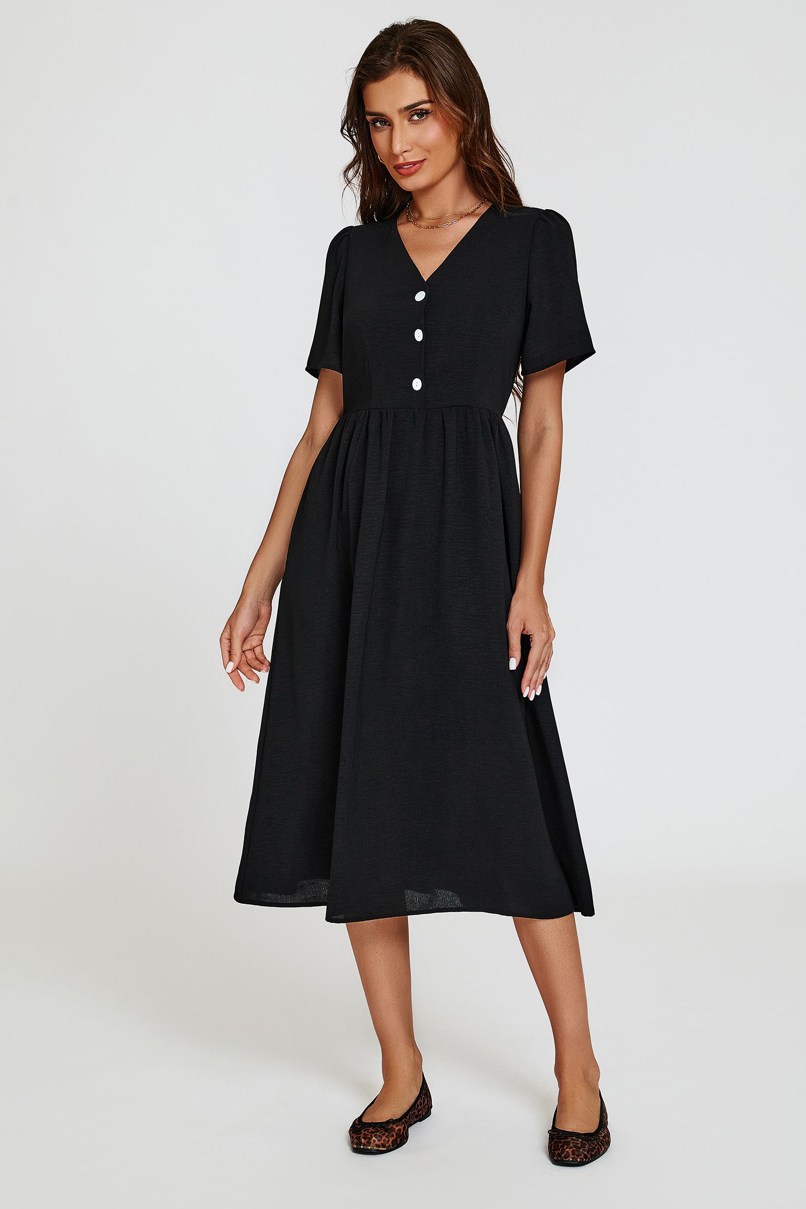 FS Collection Button Detail Shirred Waist Midi Dress