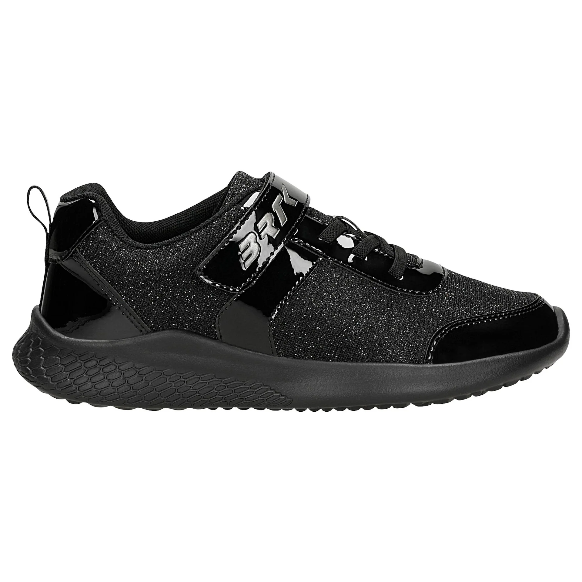 Czarne sneakersy z brokatowym materiałem i lakierowanymi wstawkami BARTEK 87004-10