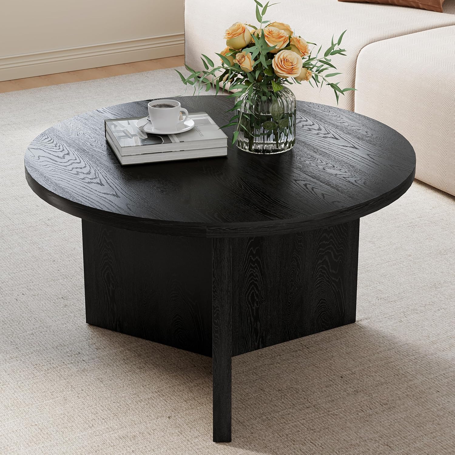 Luoxiao 27.5 Round Black Coffee Table, Modern Wood Grain Center Table with Triangle Pedestal Base, Low Profile Circular Accent Table for Living Room, Small Spaces & Apartments, Easy Assembly